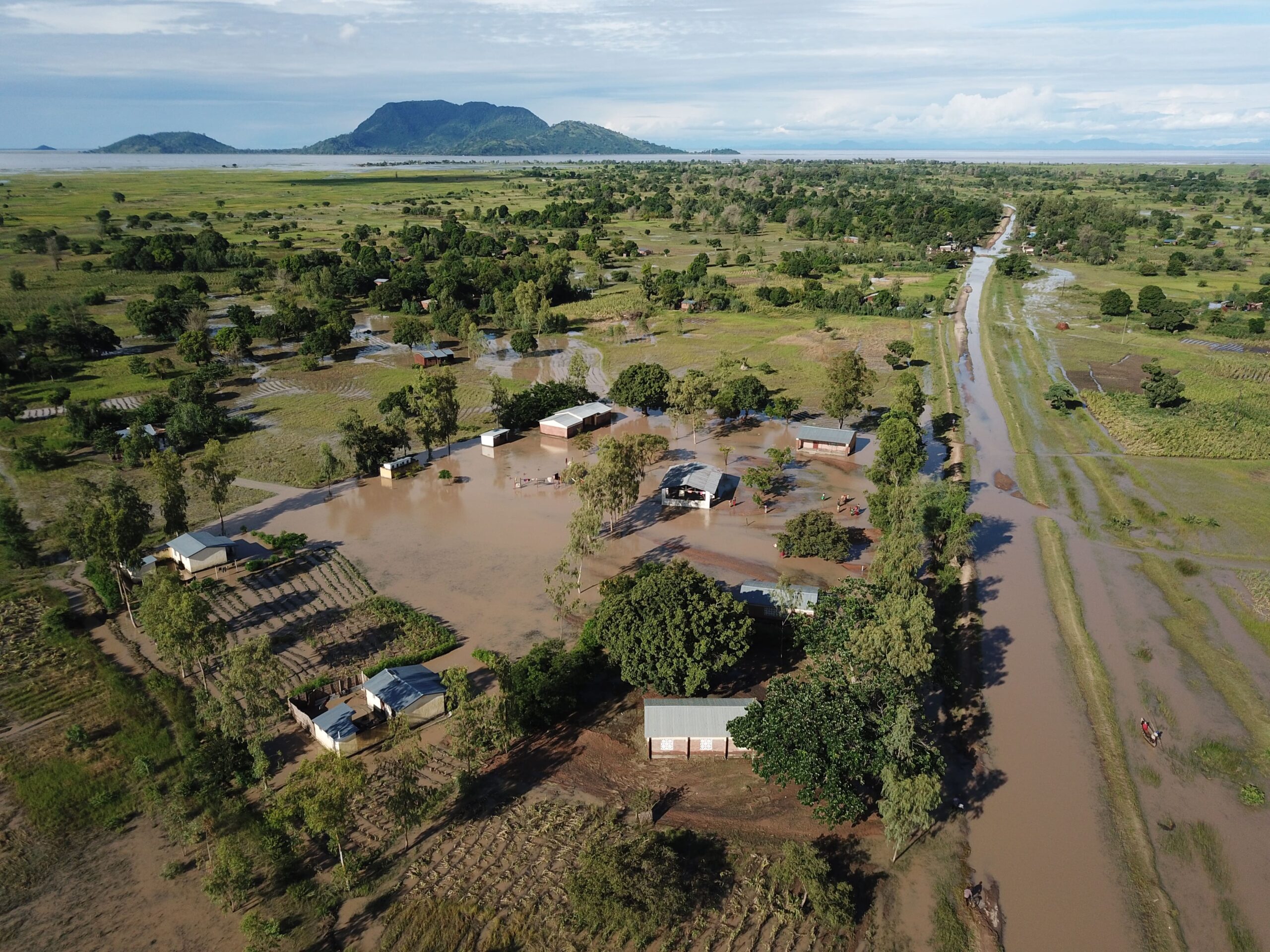 An aerial view of communities and ecosystems in Malawi affected by flooding